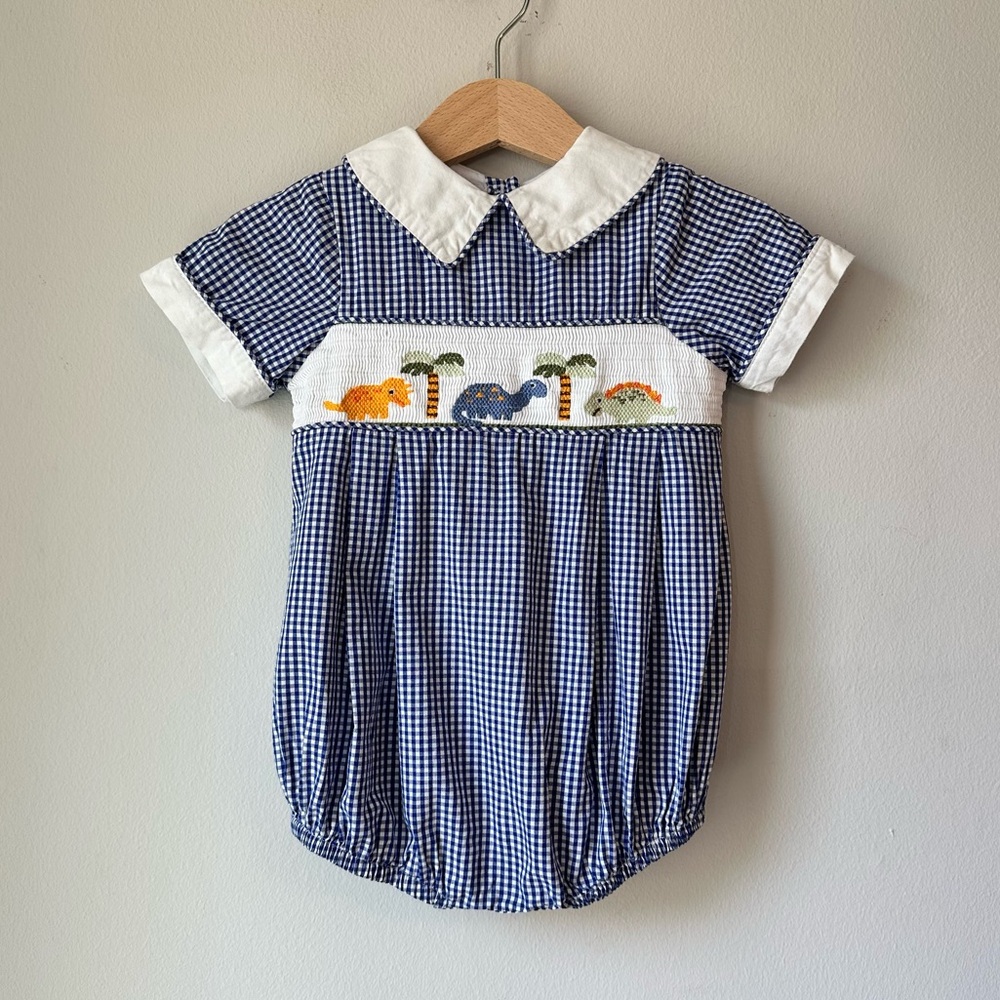 Lil Cactus Blue Gingham Smocked Dinosaur Bubble Jon Jon Size 12-18 Months